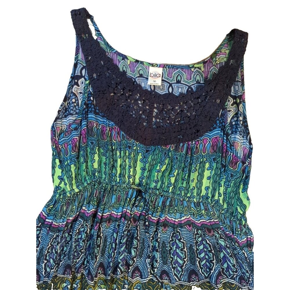 Women Boho Maxi Dress Sleeveless Size Medium Blue Cottagecore Scoop Neck Bila